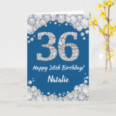 Happy 36th Birthday Blue en Silver Glitter Card Kaart (Gele Bloem)