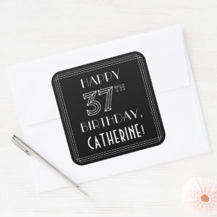 HAPPY 37TH BIRTHDAY; Art Deco Style; aangepaste na Vierkante Sticker