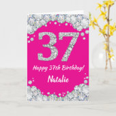 Happy 37th Birthday Hot Pink en Silver Glitter Kaart (Gele Bloem)