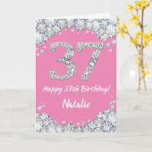 Happy 37th Birthday Pink en Silver Glitter Card Kaart (Gele Bloem)