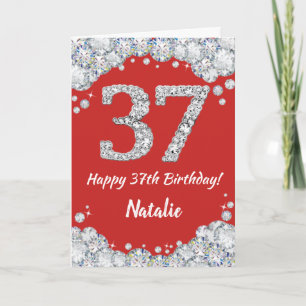 Happy 37th Birthday Red en Silver Glitter Card Kaart