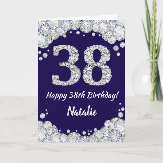 Happy 38th Birthday Navy Blue en Silver Glitter Kaart (Voorkant)