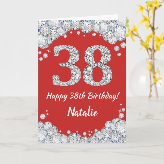 Happy 38th Birthday Red en Silver Glitter Card Kaart (Gele Bloem)