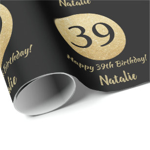 Happy 39th Birthday Black en Gold Glitter Cadeaupapier