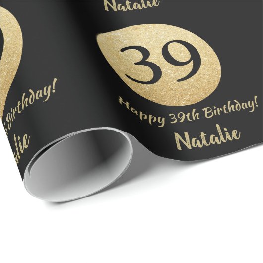 Happy 39th Birthday Black en Gold Glitter Cadeaupapier (Rol Hoek)
