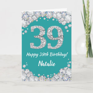Happy 39th Birthday Blauwgroen en Silver Glitter C Kaart