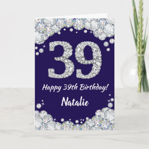Happy 39th Birthday Navy Blue en Silver Glitter Kaart