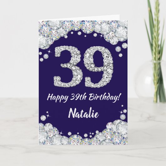 Happy 39th Birthday Navy Blue en Silver Glitter Kaart (Voorkant)
