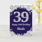 Happy 39th Birthday Navy Blue en Silver Glitter Kaart (Gele Bloem)