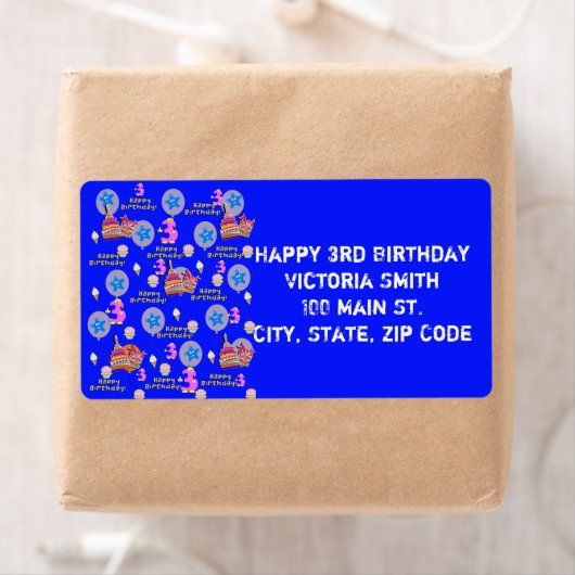 Happy 3rd Birthday Adresetiketten, blauw Etiket (Insitu)