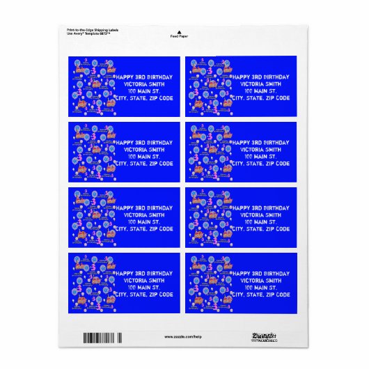 Happy 3rd Birthday Adresetiketten, blauw Etiket (Full Sheet)