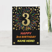Happy 3rd Birthday Black & Gold Rainbow Fireworks Kaart (Voorkant)