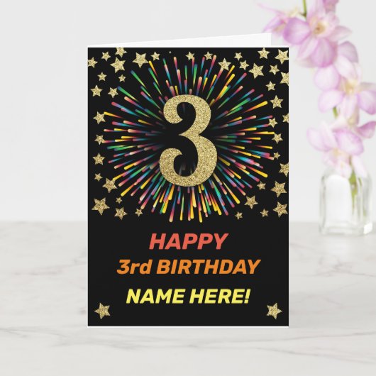 Happy 3rd Birthday Black & Gold Rainbow Fireworks Kaart (Orchidee)
