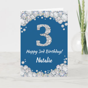 Happy 3rd Birthday Blue en Silver Glitter Card Kaart