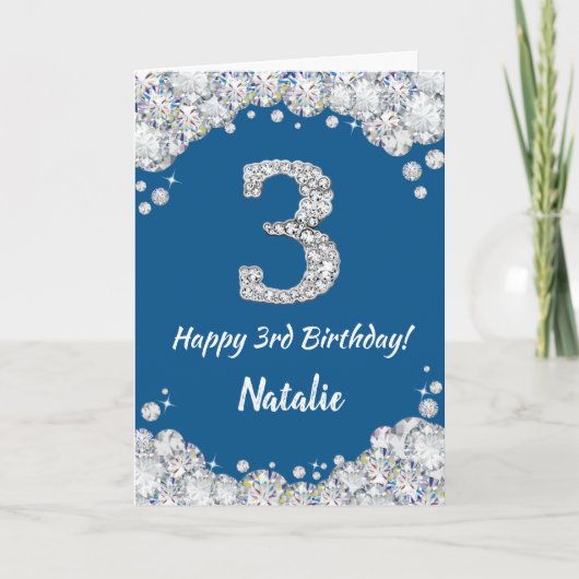 Happy 3rd Birthday Blue en Silver Glitter Card Kaart (Voorkant)