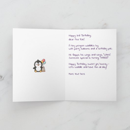 Happy 3rd Birthday, Cute Penguin, Personalized  Kaart (Binnen)
