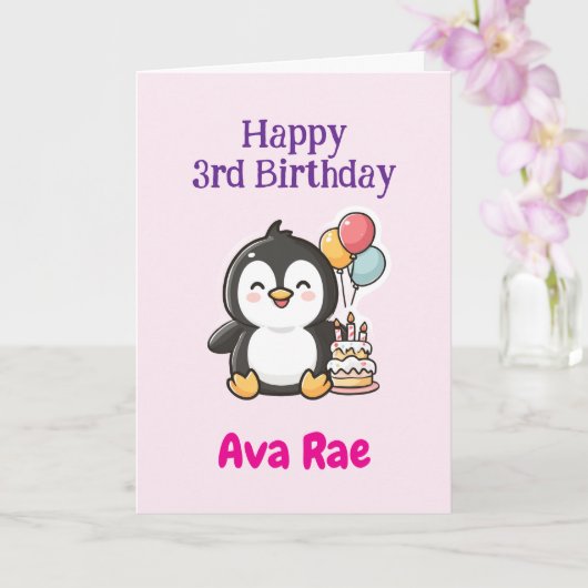 Happy 3rd Birthday, Cute Penguin, Personalized  Kaart (Orchidee)