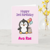 Happy 3rd Birthday, Cute Penguin, Personalized  Kaart (Gele Bloem)