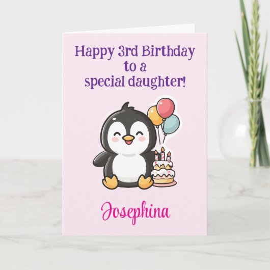 Happy 3rd Birthday Daughter, Penguin Personalized  Kaart (Voorkant)