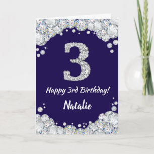 Happy 3rd Birthday Navy Blue en Silver Glitter Kaart