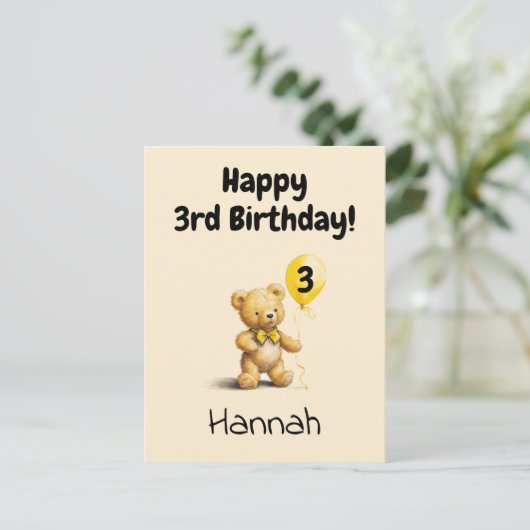 Happy 3rd Birthday, Personalized Teddy Bear Card,  Briefkaart (Staand voorkant)