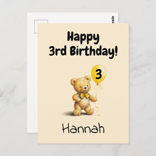 Happy 3rd Birthday, Personalized Teddy Bear Card,  Briefkaart (Voorkant / Achterkant)