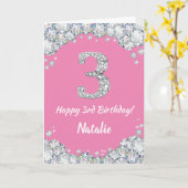 Happy 3rd Birthday Pink en Silver Glitter Card Kaart (Gele Bloem)