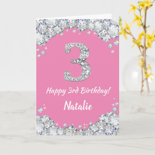 Happy 3rd Birthday Pink en Silver Glitter Card Kaart (Gele Bloem)