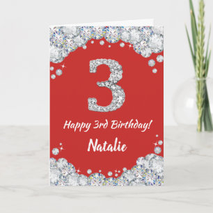 Happy 3rd Birthday Red en Silver Glitter Card Kaart