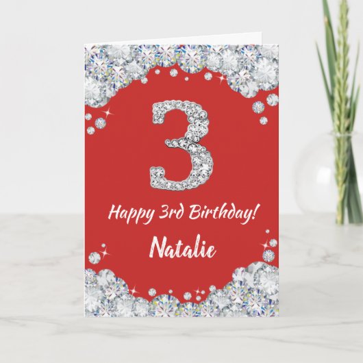 Happy 3rd Birthday Red en Silver Glitter Card Kaart (Voorkant)