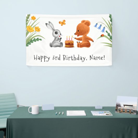 Happy 3rd Birthday Teddy Bear Bunny Cake Candles Spandoek (Beurs)