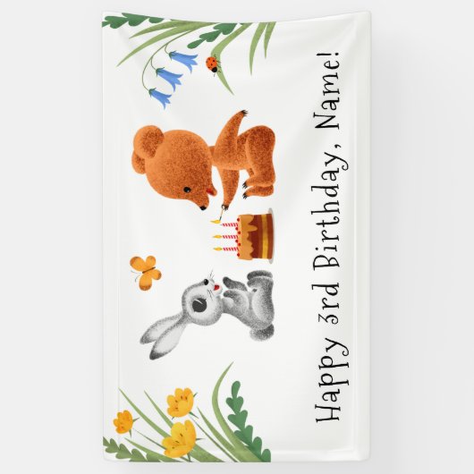 Happy 3rd Birthday Teddy Bear Bunny Cake Candles Spandoek (Verticaal)