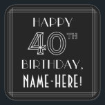 HAPPY 40TH BIRTHDAY; Art Deco Style; aangepaste na Vierkante Sticker<br><div class="desc">Dit stijlvolle tijdperk van 1920/1930 inspireerde kunstdeco op verjaardagsbasis met vierkante sticker en kenmerkt het bericht "HAPPY 40TH BIRTHDAY", plus een aangepaste geadresseerde naam. Het getal "40TH" heeft een fancy, geometrische vormgeving en er is ook een geordende rand rond het verjaardagsbericht. Luxurieuze verjaardagsthema's zoals deze stickers kunnen op een feestje...</div>