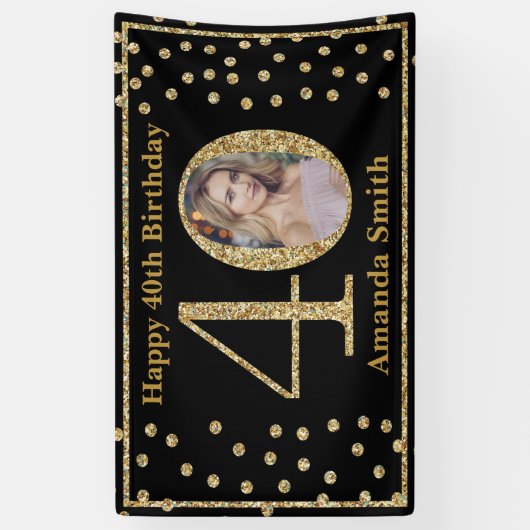 Happy 40th Birthday Banner Black en Gold Photo (Verticaal)