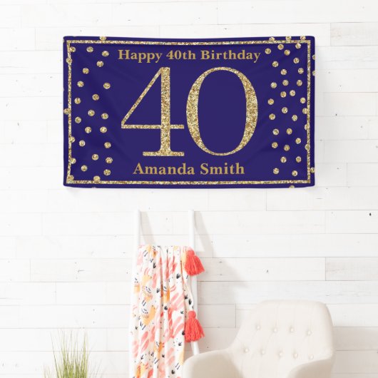 Happy 40th Birthday Banner Navy Blue Gold Glitter (Insitu)