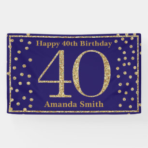 Happy 40th Birthday Banner Navy Blue Gold Glitter