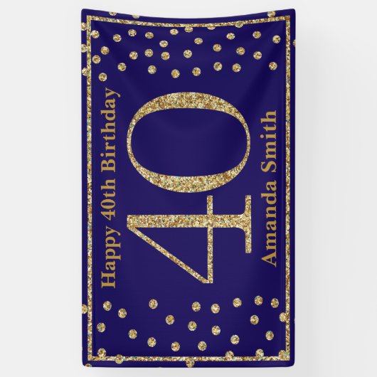 Happy 40th Birthday Banner Navy Blue Gold Glitter (Verticaal)