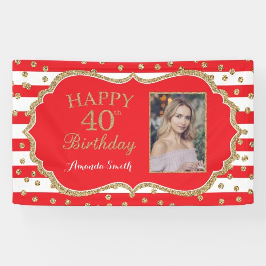 Happy 40th Birthday Banner Red Gold Glitter Foto (Horizontaal)