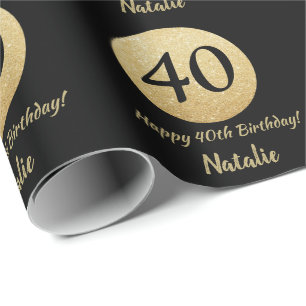 Happy 40th Birthday Black en Gold Glitter Cadeaupapier