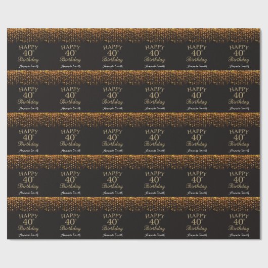 Happy 40th Birthday Black en Gold Glitter Cadeaupapier (Vlak)