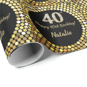 Happy 40th Birthday Black en Gold Glitter Cadeaupapier