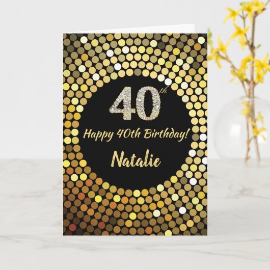 Happy 40th Birthday Black en Gold Glitter Kaart (Gele Bloem)