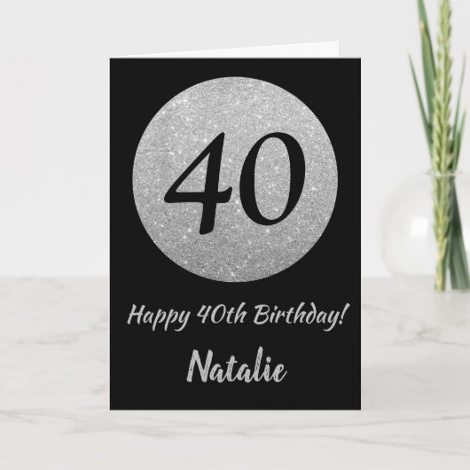 Happy 40th Birthday Black en Silver Glitter Card Kaart (Voorkant)