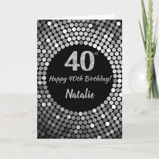 Happy 40th Birthday Black en Silver Glitter Card Kaart (Voorkant)