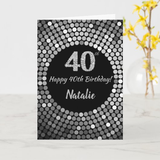Happy 40th Birthday Black en Silver Glitter Card Kaart (Gele Bloem)