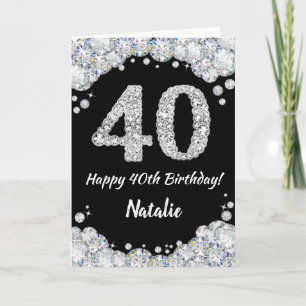 Happy 40th Birthday Black en Silver Glitter Card Kaart