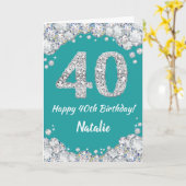 Happy 40th Birthday Blauwgroen en Silver Glitter C Kaart (Gele Bloem)