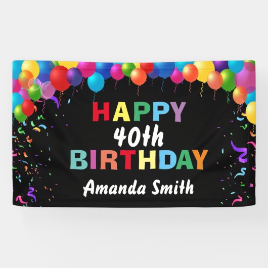 Happy 40th Birthday Colorful Balloons Confetti Spandoek (Horizontaal)
