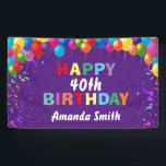 Happy 40th Birthday Colorful Balloons Paars Spandoek<br><div class="desc">Fijne 40ste verjaardag kleurrijke ballonnen Confetti Paarse banner. Voor verdere aanpassing,  te klikken gelieve de knoop "van de Aanpassing het"en ons ontwerphulpmiddel te gebruiken om deze sjabloon te wijzigen.</div>