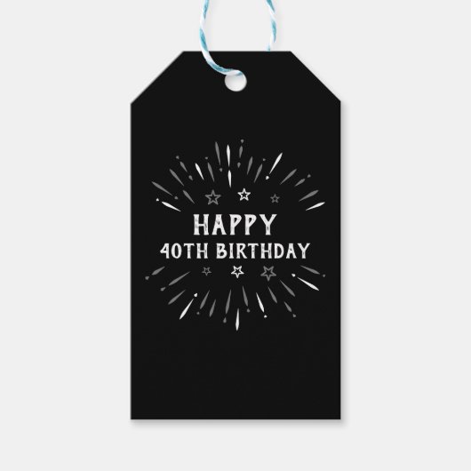 Happy 40th Birthday Fireworks Black White Grey Cadeaulabel (Voorkant)